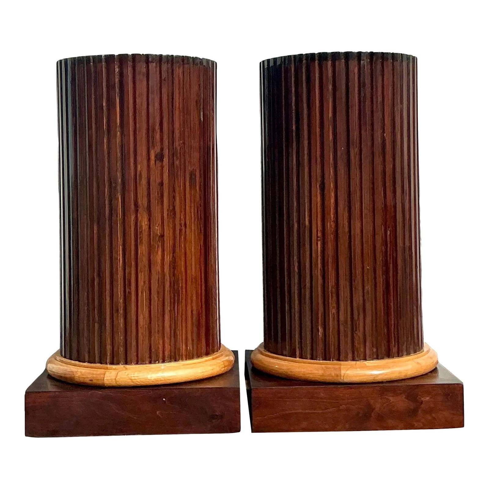 Pair of Vintage Boho Monumental Fluted Column Pedestals: Pair of Vintage Boho Monumental Fluted Column Pedestals Elevate your interior decor with this stunning pair of Vintage Boho Fluted Column Pedestals. These monumental pieces showcase exquisite fluted d