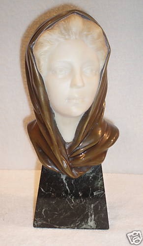 19th Century German Bronze Statue of Girl by Artist Henry: 19th Century German Bronze Statue of Girl by Artist Henry Presenting a stunning original 19th-century German statue, expertly crafted from bronze and featuring a beautifully hand-carved marble face of