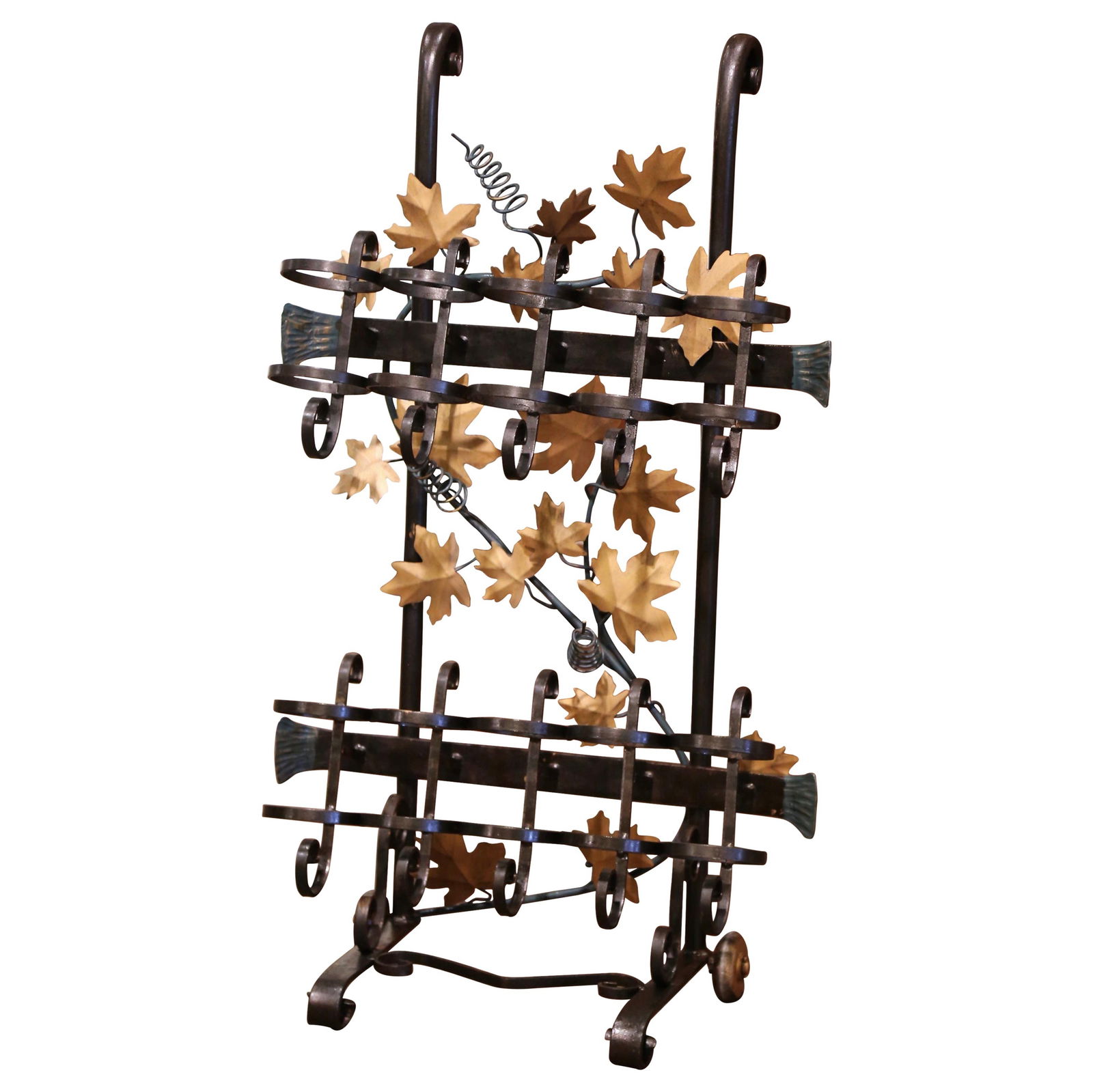 French Iron Ten-Bottle Wine Cart on Wheels with Gold Accents: French Iron Ten-Bottle Wine Cart on Wheels with Gold Accents This exquisite French Iron Ten-Bottle Wine Cart is a unique blend of functionality and artistry, crafted in the Rhone region of France arou