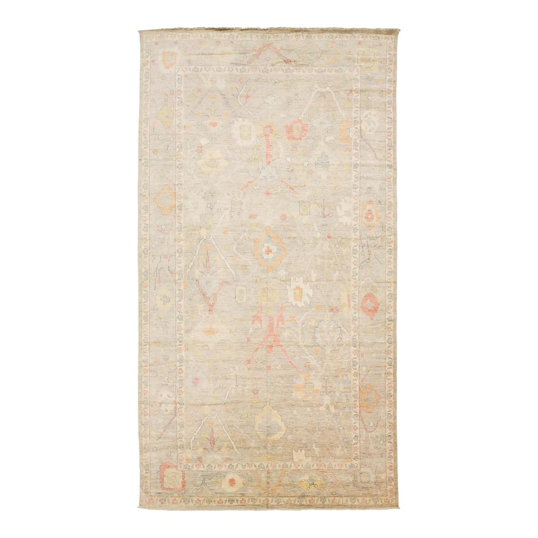 Oversized Oushak Style Wool Rug 9'7 x 17'10 Sand and Coral Hand-Knotted: Oversized Oushak Style Wool Rug 9'7 x 17'10 Sand and Coral Hand-Knotted This hand-knotted Oushak-style area rug features a spacious, oversized design measuring approximately 10 by 18 feet. Crafted fro