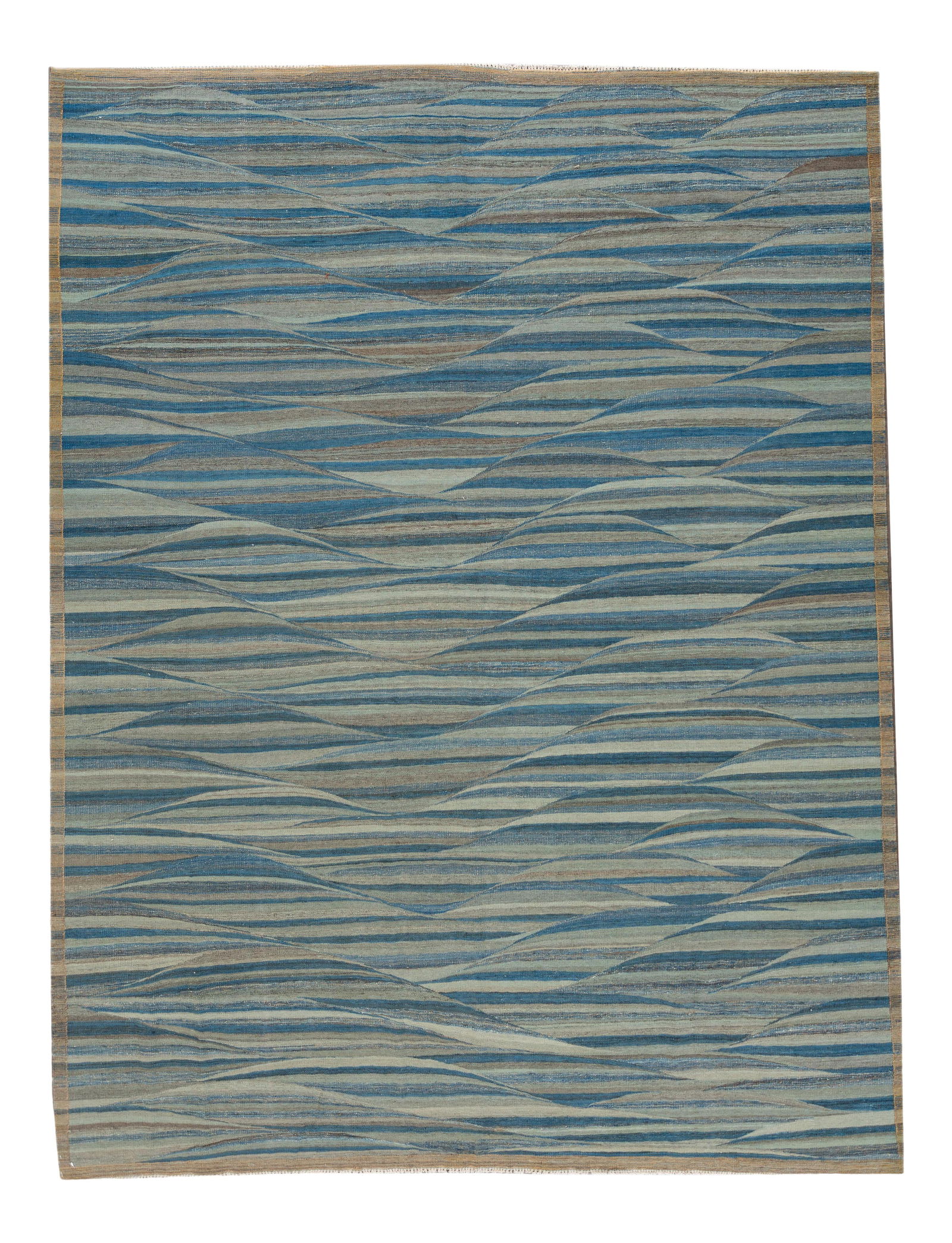 Contemporary Hand-Knotted Wool Kilim Rug 9'3 x 12'2 Blue Tan Geometric: Contemporary Hand-Knotted Wool Kilim Rug 9'3 x 12'2 Blue Tan Geometric Enhance your space with this stunning 21st Century Modern Flat-Weave Kilim Style Wool Rug. Hand-knotted from quality wool, it fea