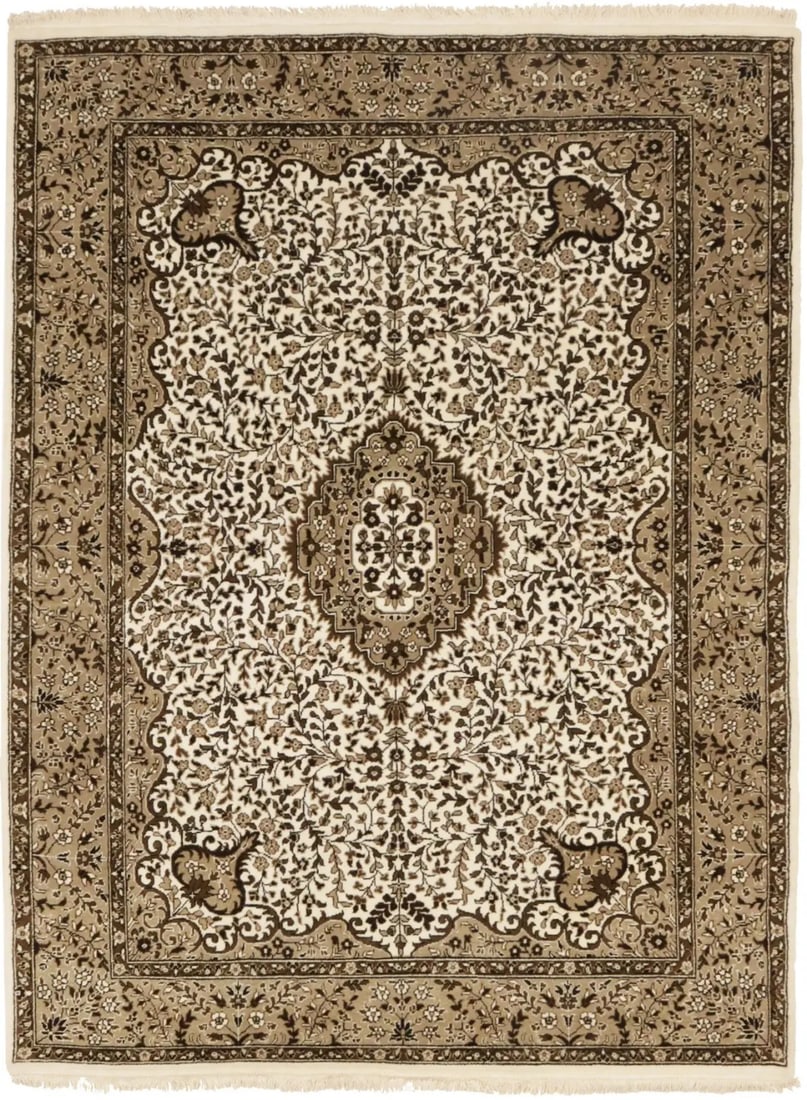 Hand-Knotted Wool Floral Kirman Area Rug 5'9 x 7'8 Cream Modern Carpet: Hand-Knotted Wool Floral Kirman Area Rug 5'9 x 7'8 Cream Modern Carpet This hand-knotted Kirman Oriental rug features an extra fine wool construction with a cream, brown, and khaki floral pattern. Des