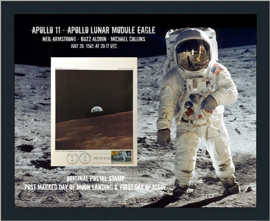 Framed NASA Apollo 11 Earthrise Photo First Day of Issue 1969: Framed NASA Apollo 11 Earthrise Photo First Day of Issue 1969 This original NASA photograph captures the historic moment of Earth rising from the Moon, taken during the Apollo 11 mission in 1969. It i
