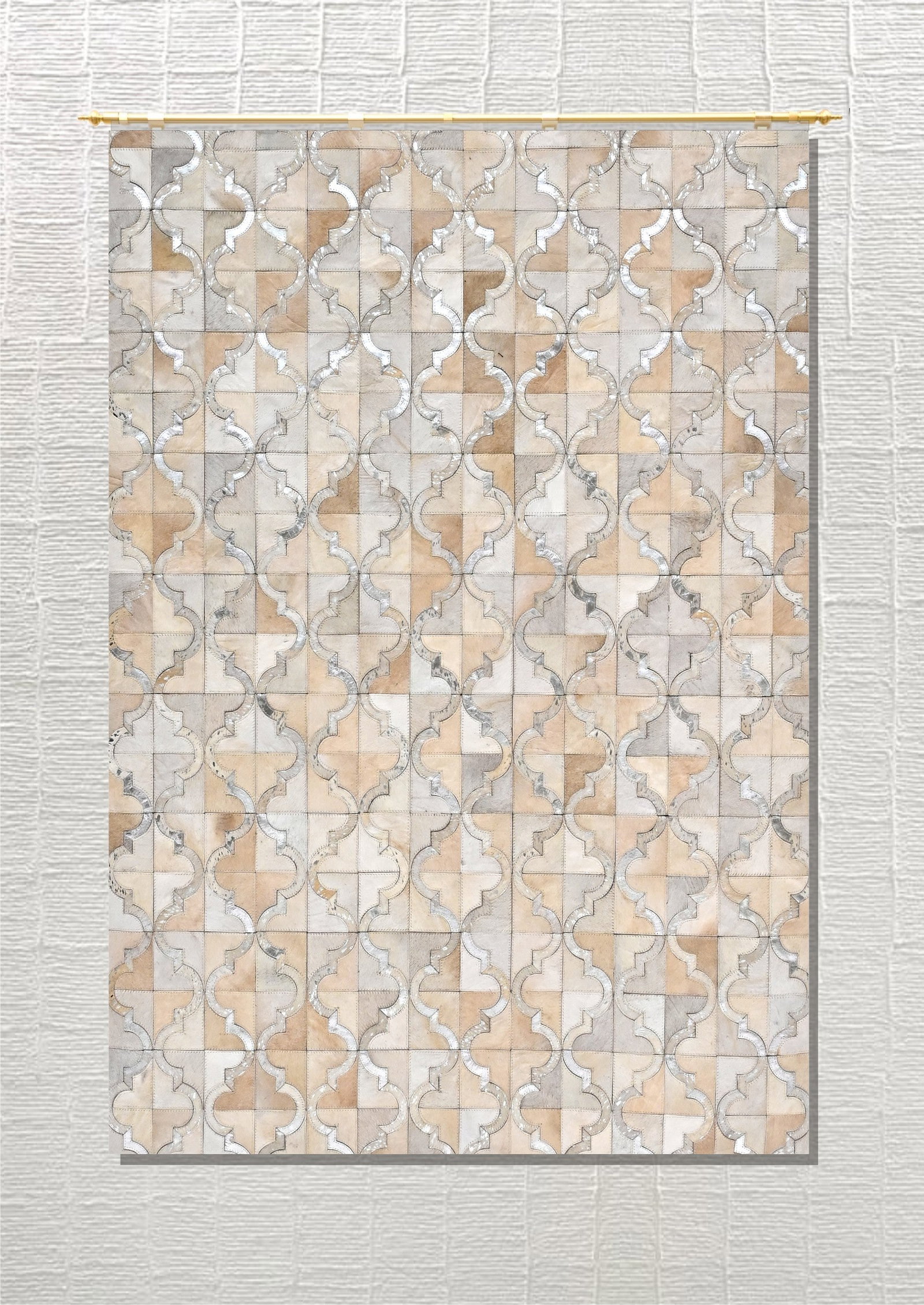 Handmade Moroccan Arabesque Trellis Patchwork Cowhide Leather Area Rug 3FT x 5FT: Handmade Moroccan Arabesque Trellis Patchwork Cowhide Leather Area Rug 3FT x 5FT Free continental US Shipping This handmade area rug features an intricate Moroccan arabesque trellis pattern, expertly