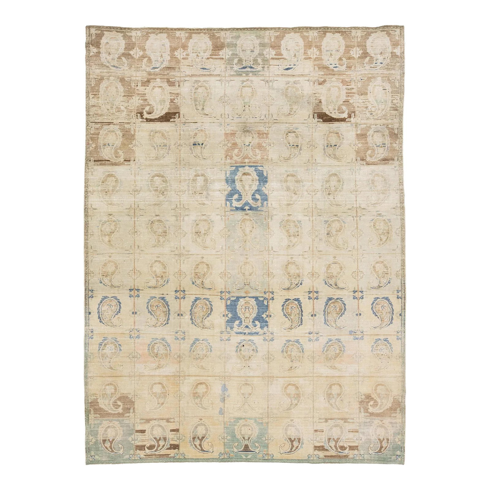 1920s Persian Tabriz Wool Rug Beige Boteh Design 8'9 x 11'9: 1920s Persian Tabriz Wool Rug Beige Boteh Design 8'9 x 11'9 Discover the elegance of this antique Persian Tabriz wool rug, handcrafted with a timeless all-over Boteh pattern. The soft beige background