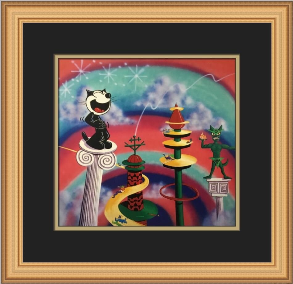 Kenny Scharf Felix On A Pedestal Custom Framed Pop Art Print: Kenny Scharf Felix On A Pedestal Custom Framed Pop Art Print This stunning custom framed print titled "Felix On A Pedestal" by Kenny Scharf is a captivating piece of Pop Art that adds a vibrant touch