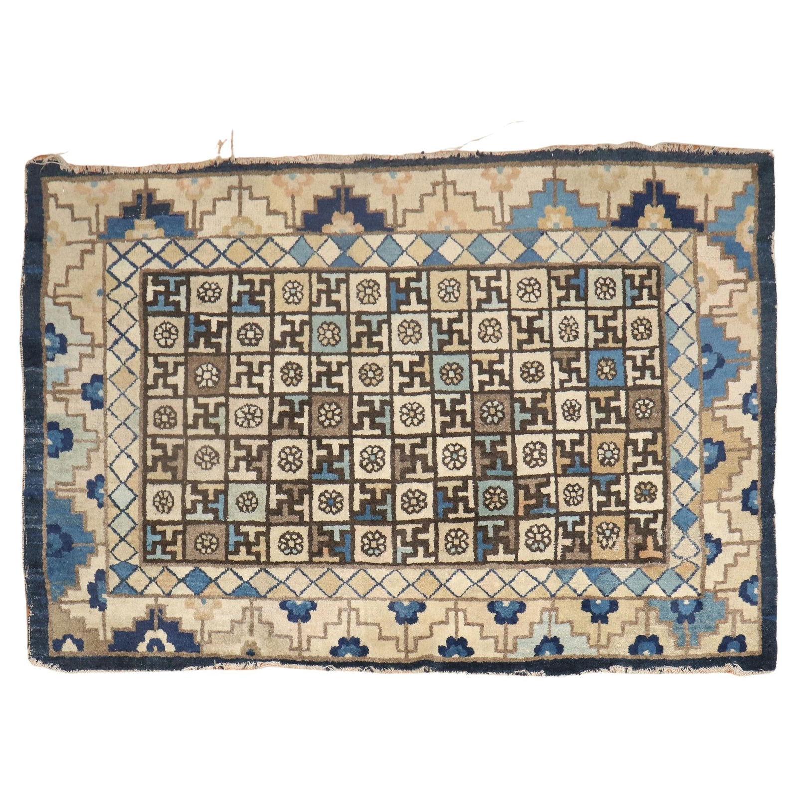 Geometric Wool Chinese Accent Rug Hand-Knotted 43 x 71 Inches 19th Century: Geometric Wool Chinese Accent Rug Hand-Knotted 43 x 71 Inches 19th Century This is a mid-19th century geometric Chinese accent rug crafted from hand-knotted wool. Featuring a Chinese Export style, the