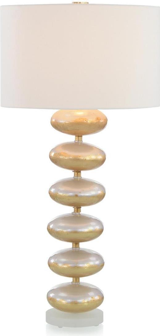 John-Richard Orb Table Lamp in Pearlized Glass with Gold Leaf Accents: John-Richard Orb Table Lamp in Pearlized Glass with Gold Leaf Accents This un-used orb table lamp features a pearlized glass body accented with elegant gold leaf details. It includes an off-white line