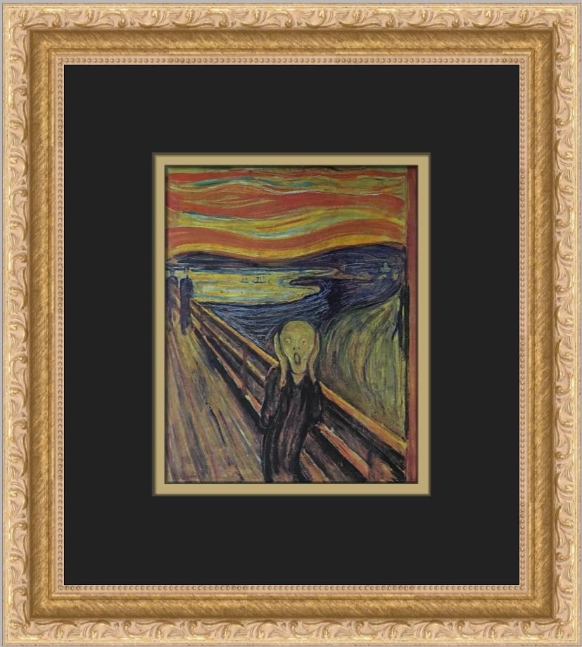Edvard Munch The Scream Custom Framed Art Print 13 x 11: Edvard Munch The Scream Custom Framed Art Print 13 x 11 This custom framed print features Edvard Munch's iconic artwork, The Scream. The piece is crafted with meticulous attention to detail, highlight