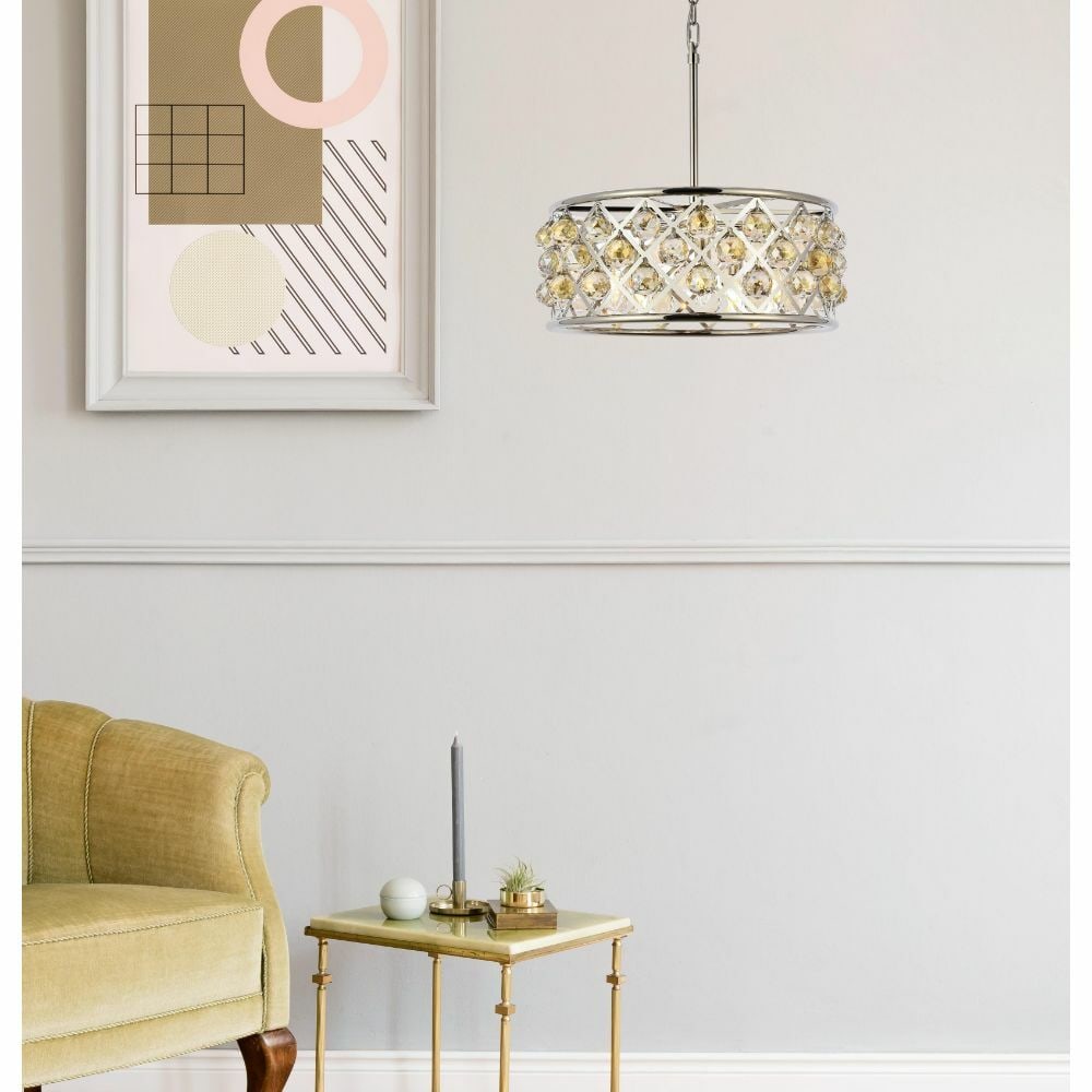 Madison 5-Light Polished Nickel Chandelier with Golden Teak Crystals 20 Inch: Madison 5-Light Polished Nickel Chandelier with Golden Teak Crystals 20 Inch Illuminate your space with this stunning 5-light chandelier featuring a polished nickel finish and beautiful golden teak cr