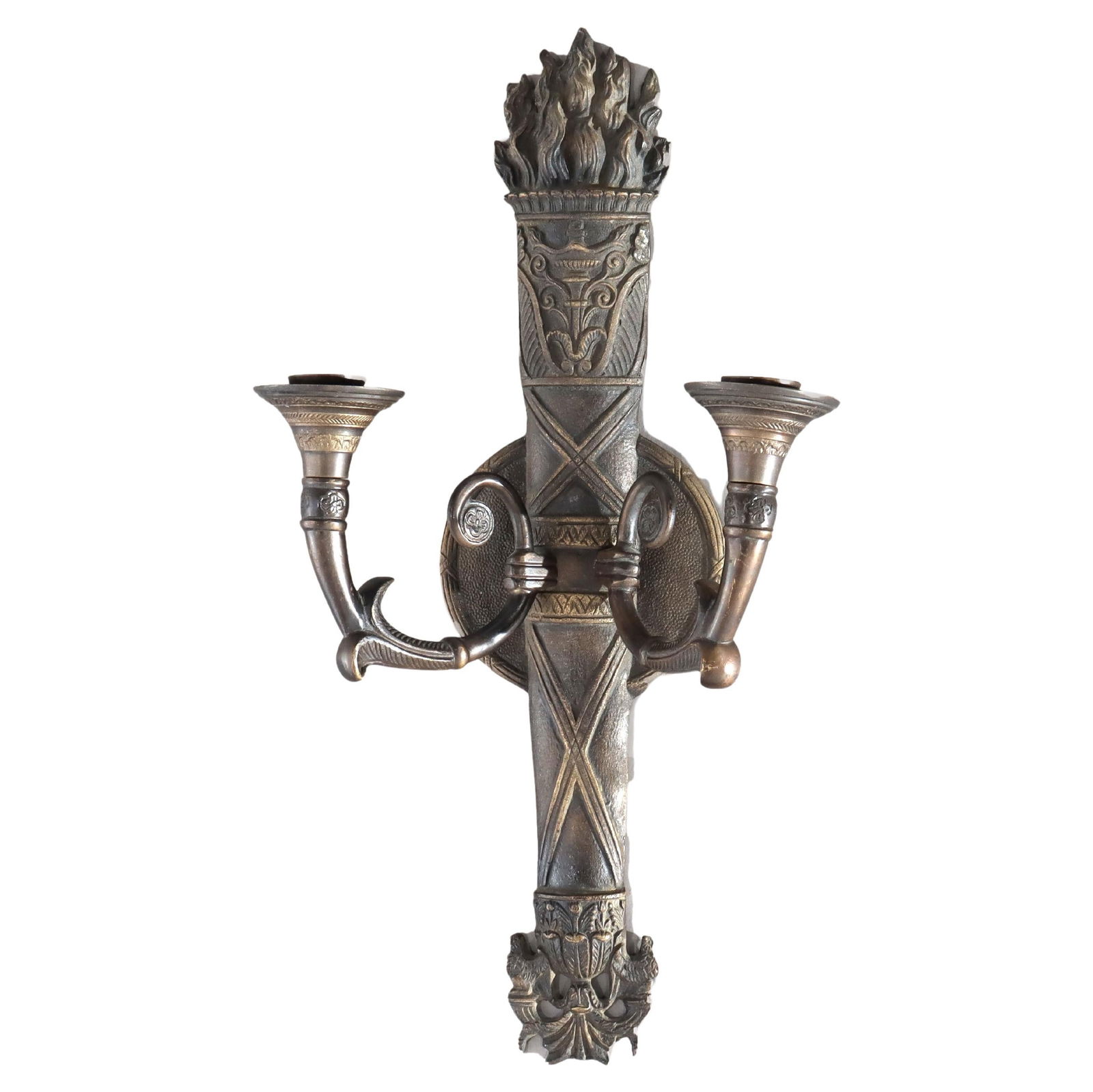 Antique Bronze Two-Light Torch Wall Sconce C1920: Antique Bronze Two-Light Torch Wall Sconce C1920 This exquisite antique wall sconce, dating to circa 1920, features a stunning bronze construction with a classical torch motif. Designed to hold two li