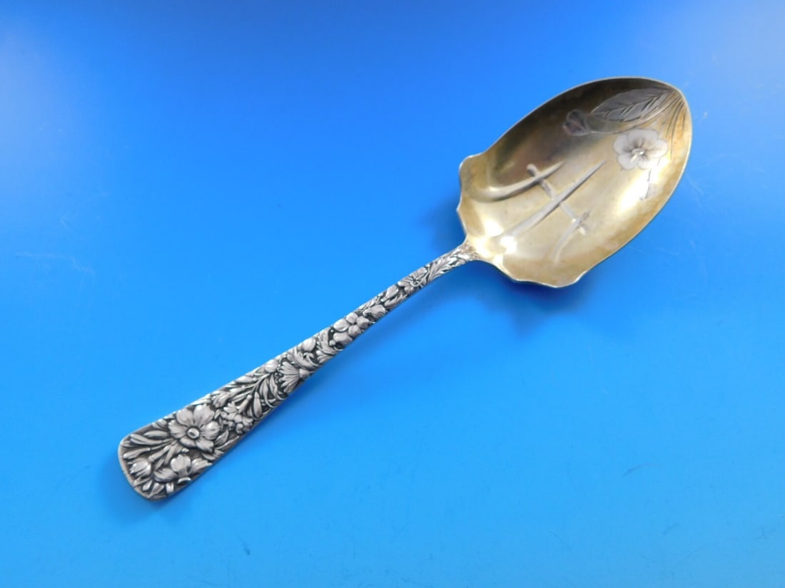 Towle Arlington Sterling Silver Preserve Spoon Gold Wash Floral Design C Monogram (1 of 5)