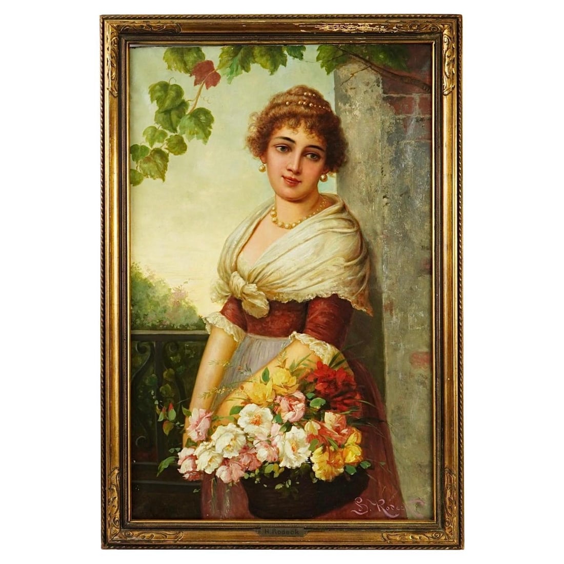 Austrian Romantic Era Female Portrait Oil on Canvas Signed H Rodeck: Austrian Romantic Era Female Portrait Oil on Canvas Signed H Rodeck This late 19th century Austrian oil painting, attributed to Karl Kaufman under the pseudonym H Rodeck, features a romantic portrait
