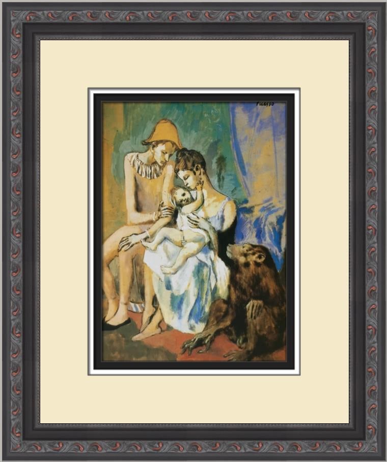 Pablo Picasso The Acrobat's Family with Monkey Custom Framed Art Print: Pablo Picasso The Acrobat's Family with Monkey Custom Framed Art Print This custom framed print features Pablo Picasso's iconic artwork, "The Acrobat's Family with Monkey." Created in 1992, this piece