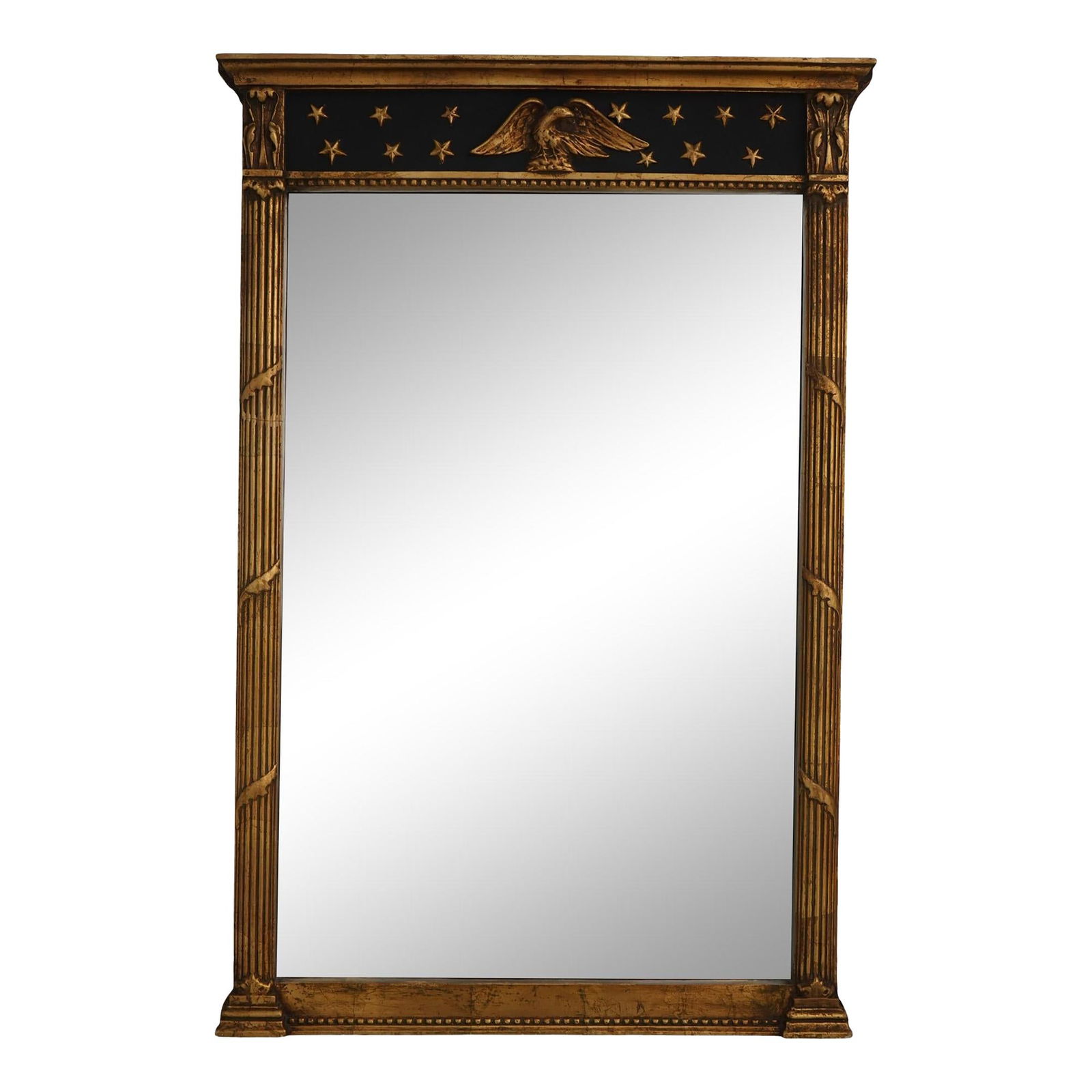 Stroupe Federal Style Mirror Gold Gilt Black Finish 24x36: Stroupe Federal Style Mirror Gold Gilt Black Finish 24x36 This exquisite Stroupe Gold Gilt Federal Style Mirror showcases a stunning gold gilt and black finish, featuring intricate eagle and star deta