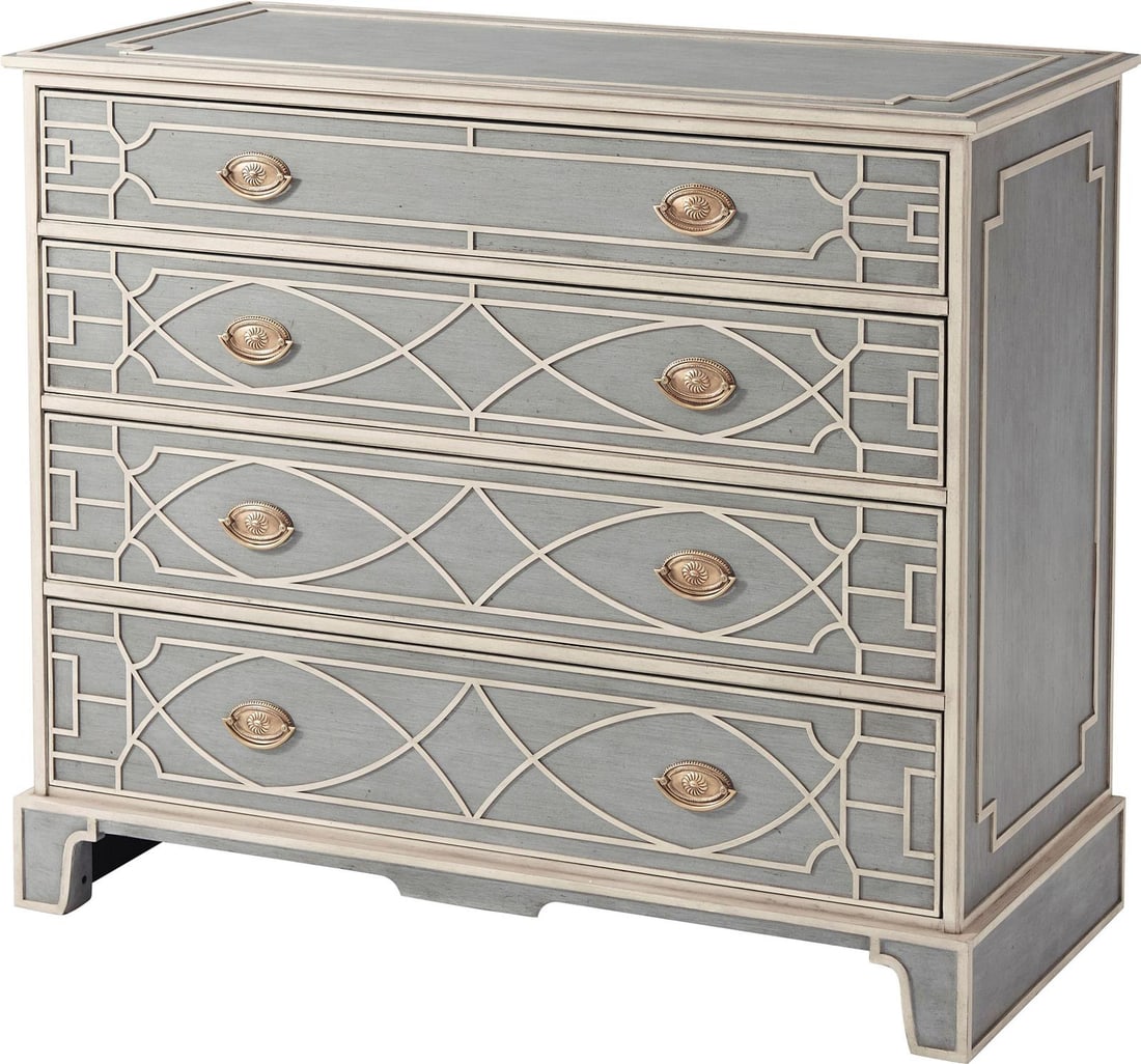 Theodore Alexander Blue Rectangular Chest with Brass Accents 36H 42W 20D: Theodore Alexander Blue Rectangular Chest with Brass Accents 36H 42W 20D This un-used rectangular chest by Theodore Alexander features a sophisticated blue finish and brass material details. Designed