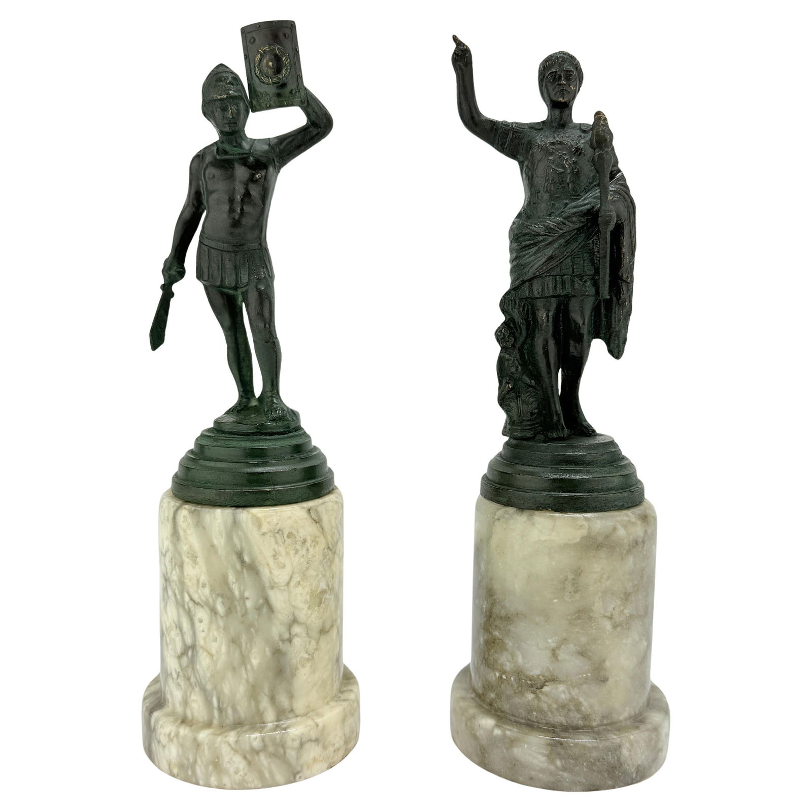Grand Tour Style Bronze Figures of Caesar Augustus & Roman Soldier Set of 2: Grand Tour Style Bronze Figures of Caesar Augustus & Roman Soldier Set of 2 This striking pair of bronze figures, rendered in the Grand Tour style, represents Caesar Augustus and a Roman soldier, embo