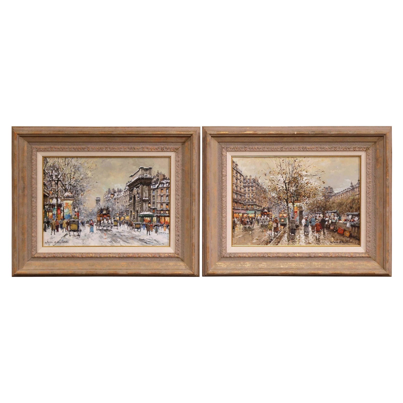 Set of Two Midcentury Paris Street Scene Paintings Signed by Antoine Blanchard: Set of Two Midcentury Paris Street Scene Paintings Signed by Antoine Blanchard This pair of mid-century oil on canvas paintings depicts lively Parisian street scenes, rendered in the impressionistic s