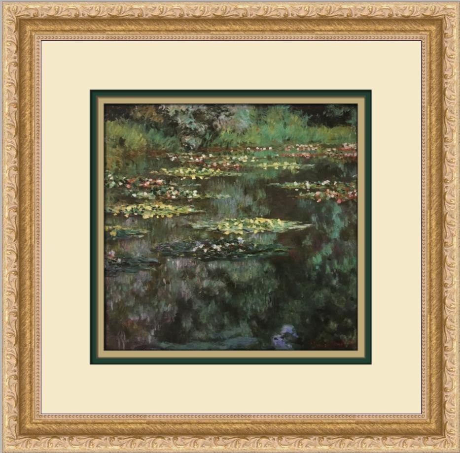 Claude Monet Water Lily Pond Custom Framed Art Print 14x13: Claude Monet Water Lily Pond Custom Framed Art Print 14x13 This custom framed print features Claude Monet's iconic artwork "Water Lily Pond". Measuring 14" in length and 13" in height, this medium-siz