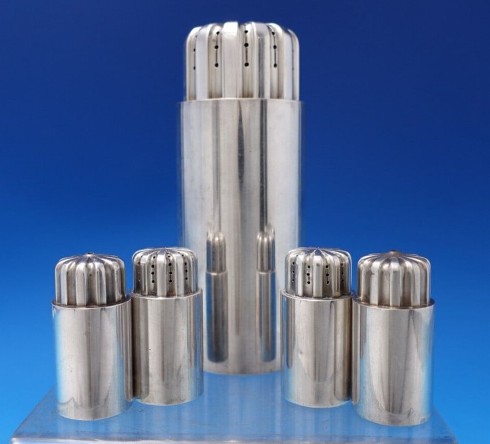 Georg Jensen Bernadotte Sterling Silver 5pc Salt Pepper Set by Sigvard: Georg Jensen Bernadotte Sterling Silver 5pc Salt Pepper Set by Sigvard Introducing the exquisite Bernadotte Sterling Silver Salt & Pepper Seasoning Set by Georg Jensen, a timeless collection designed