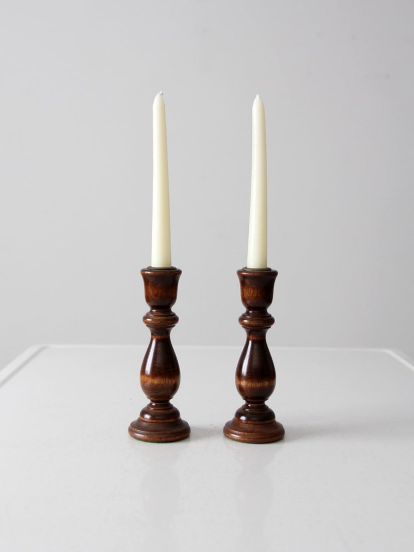 Elegant Vintage Turned Wood Candle Holders with Brass Sockets Pair (1 of 9)