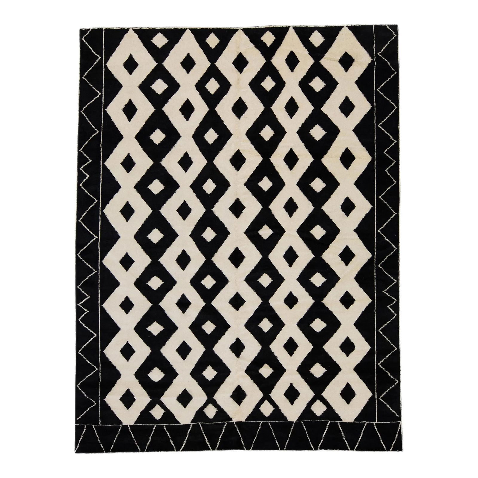 Handmade Moroccan Tribal Wool Rug 9' x 11'8'' Black Ivory Design: Handmade Moroccan Tribal Wool Rug 9' x 11'8'' Black Ivory Design Transform your living space with this stunning handmade wool rug, featuring a striking Moroccan tribal design. The rug showcases a beau