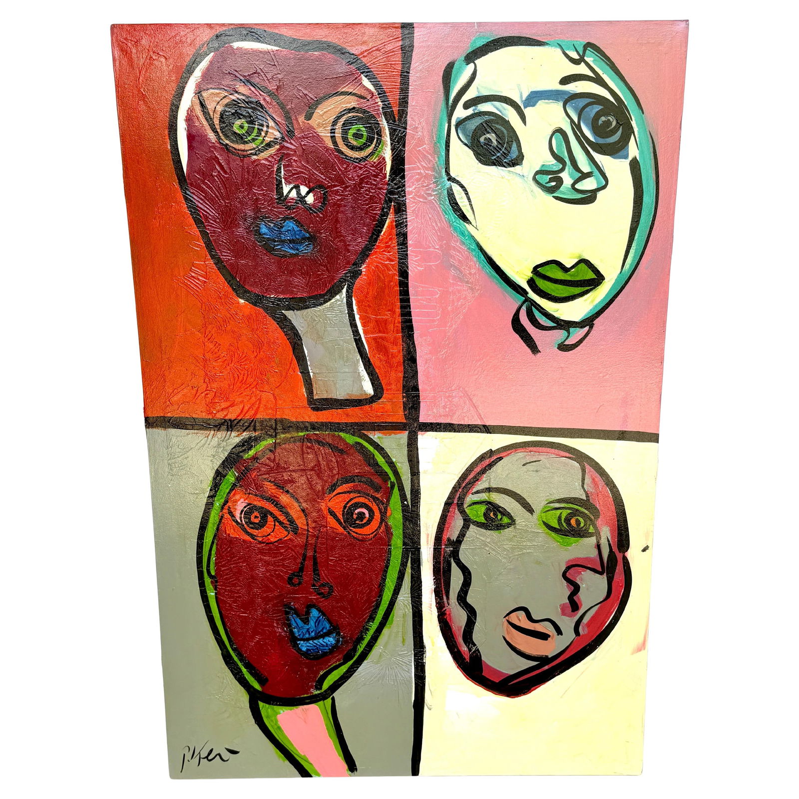 Peter Keil 1980 Mixed Media Textured Quadriptych Four Portraits: Peter Keil 1980 Mixed Media Textured Quadriptych Four Portraits Discover a striking large-scale quadriptych by renowned German artist Peter Keil, featuring four distinct and expressive portraits withi