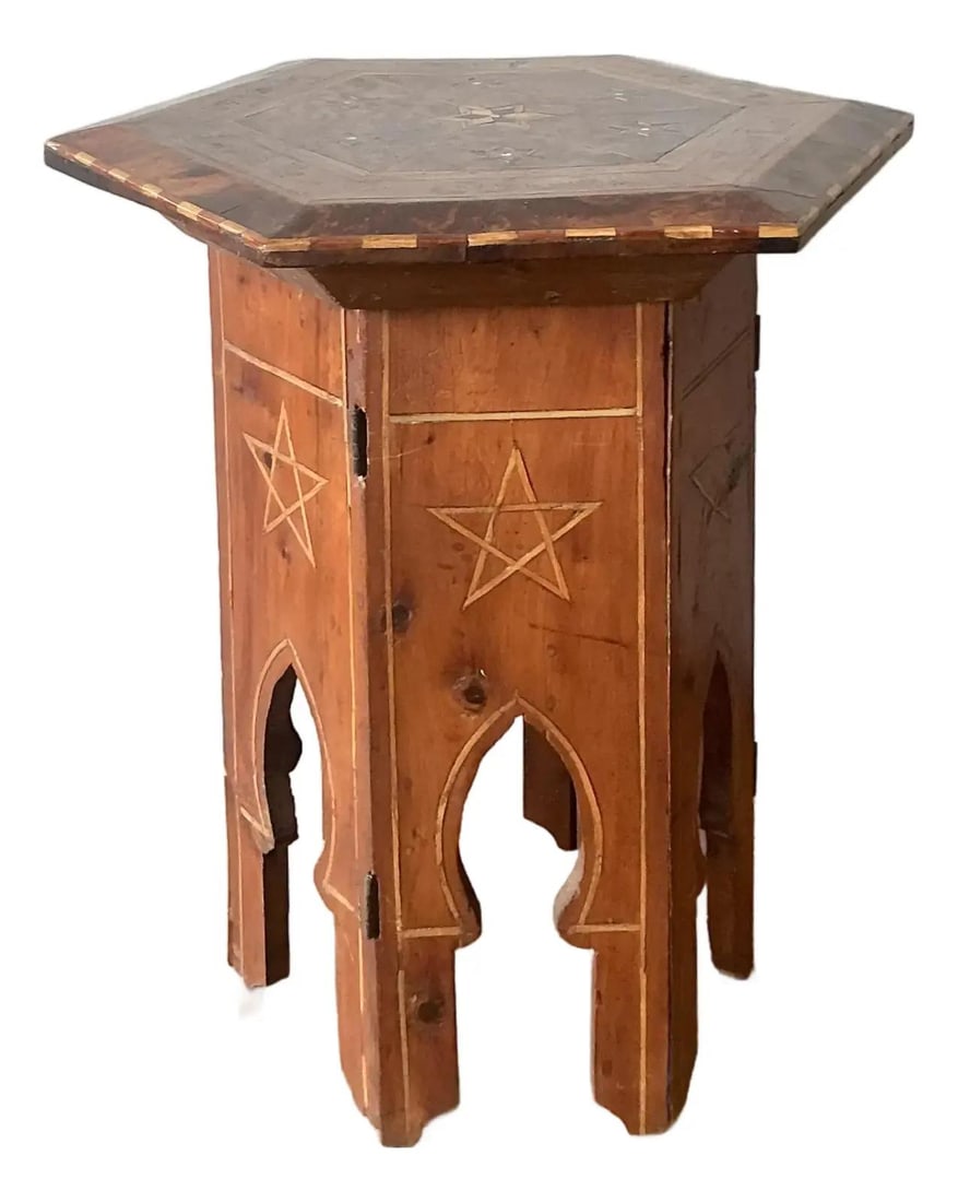 Syrian Marquetry Inlaid Hexagonal Folding Tea Table with Moorish Motifs: Syrian Marquetry Inlaid Hexagonal Folding Tea Table with Moorish Motifs This vintage Syrian-style folding drinks table showcases traditional Damascene craftsmanship with a hexagonal top featuring intr