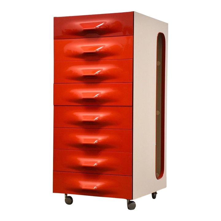 Raymond Loewy DF-2000 Red Plastic Valet Dressing Cabinet: Raymond Loewy DF-2000 Red Plastic Valet Dressing Cabinet This striking DF-2000 valet dressing cabinet, designed by the renowned Raymond Loewy, embodies a space-age aesthetic with its vibrant red and o