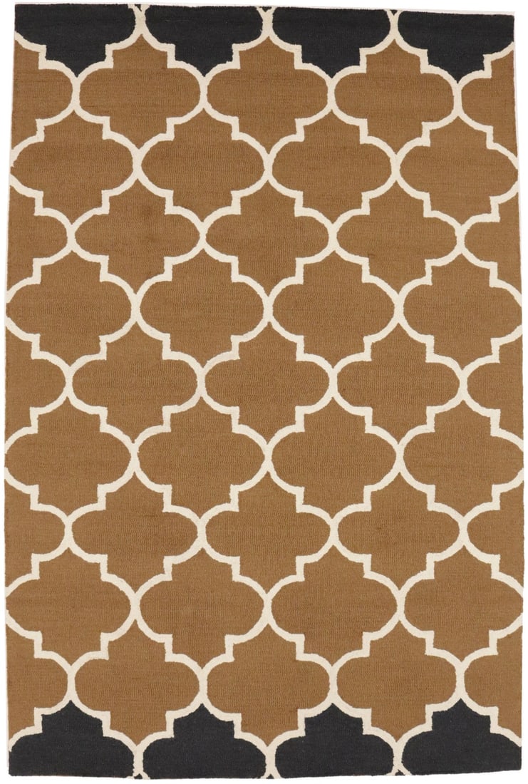 5x8 Wool Modern Geometric Area Rug with Trellis Pattern Handmade in India: 5x8 Wool Modern Geometric Area Rug with Trellis Pattern Handmade in India This hand-tufted area rug features a modern trellis design in caramel brown tones with multicolored accents. Made from wool, i