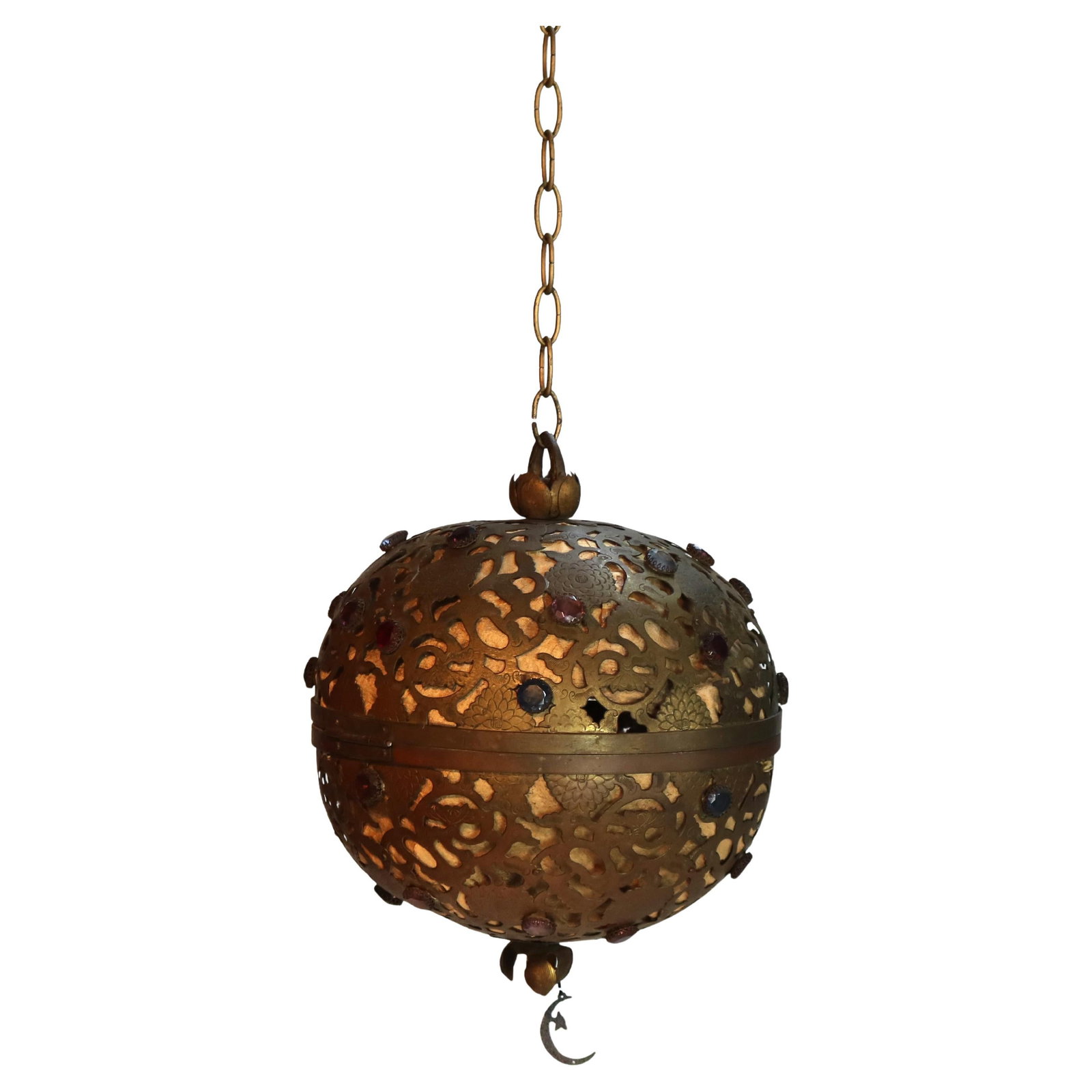 Vintage Arts & Crafts Brass Pendant Light with Jeweled Shade C1920: Vintage Arts & Crafts Brass Pendant Light with Jeweled Shade C1920 This exquisite pendant light from the Arts & Crafts period, circa 1920, showcases a beautifully pierced brass ball shade adorned with