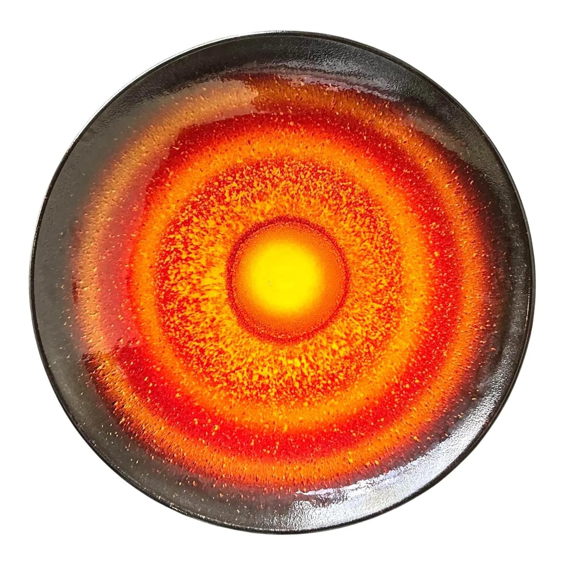 Mid Century Poole Pottery Ceramic Sunburst Living Glaze Platter England: Mid Century Poole Pottery Ceramic Sunburst Living Glaze Platter England This vintage English Poole Pottery glazed ceramic platter features a vibrant sunburst motif with a radiant yellow center, expand