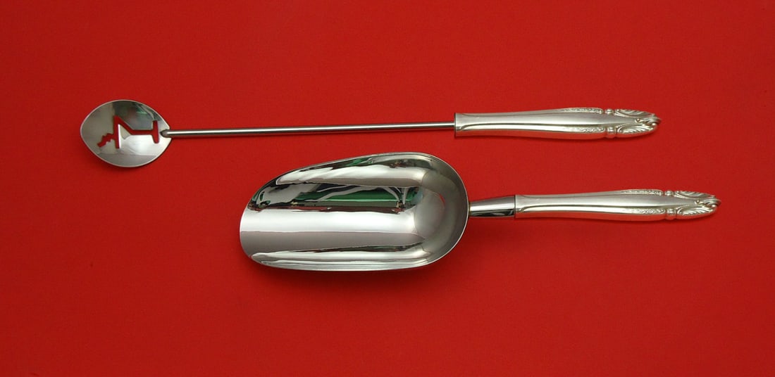 Wallace Stradivari Sterling Silver Custom Bar Set 2pc Martini Spoon Ice Scoop: Wallace Stradivari Sterling Silver Custom Bar Set 2pc Martini Spoon Ice Scoop Introducing the exquisite Stradivari Hostess Set by Wallace, crafted from high-quality sterling silver. This custom-made b