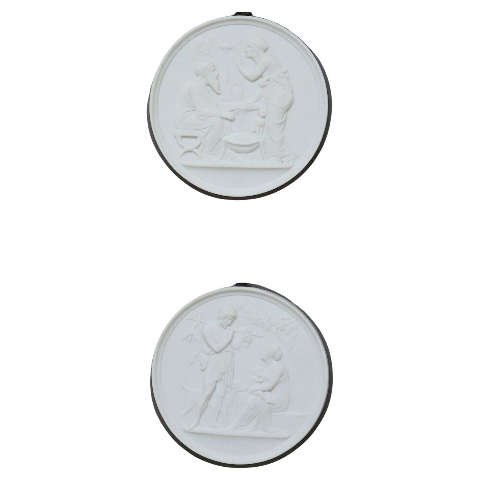 Set of 2 Antique Parian Ware Bisque Porcelain Plaques C1880: Set of 2 Antique Parian Ware Bisque Porcelain Plaques C1880 This exquisite pair of antique Parian ware classical bisque porcelain plaques dates back to circa 1880, showcasing the elegance of late 19th