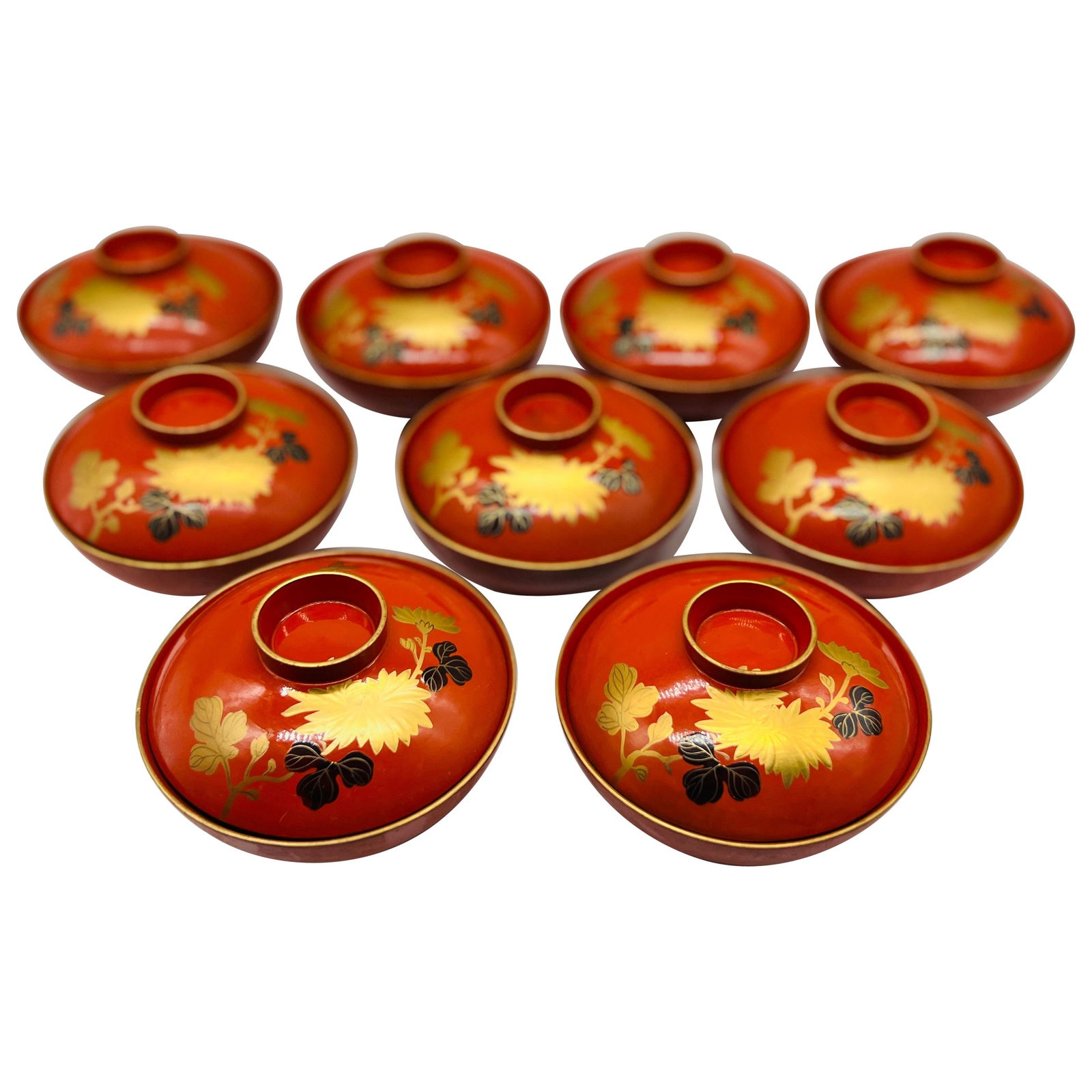 18 Piece Vintage Japanese Lacquerware Rice Bowl Set with Floral Motif (1 of 9)