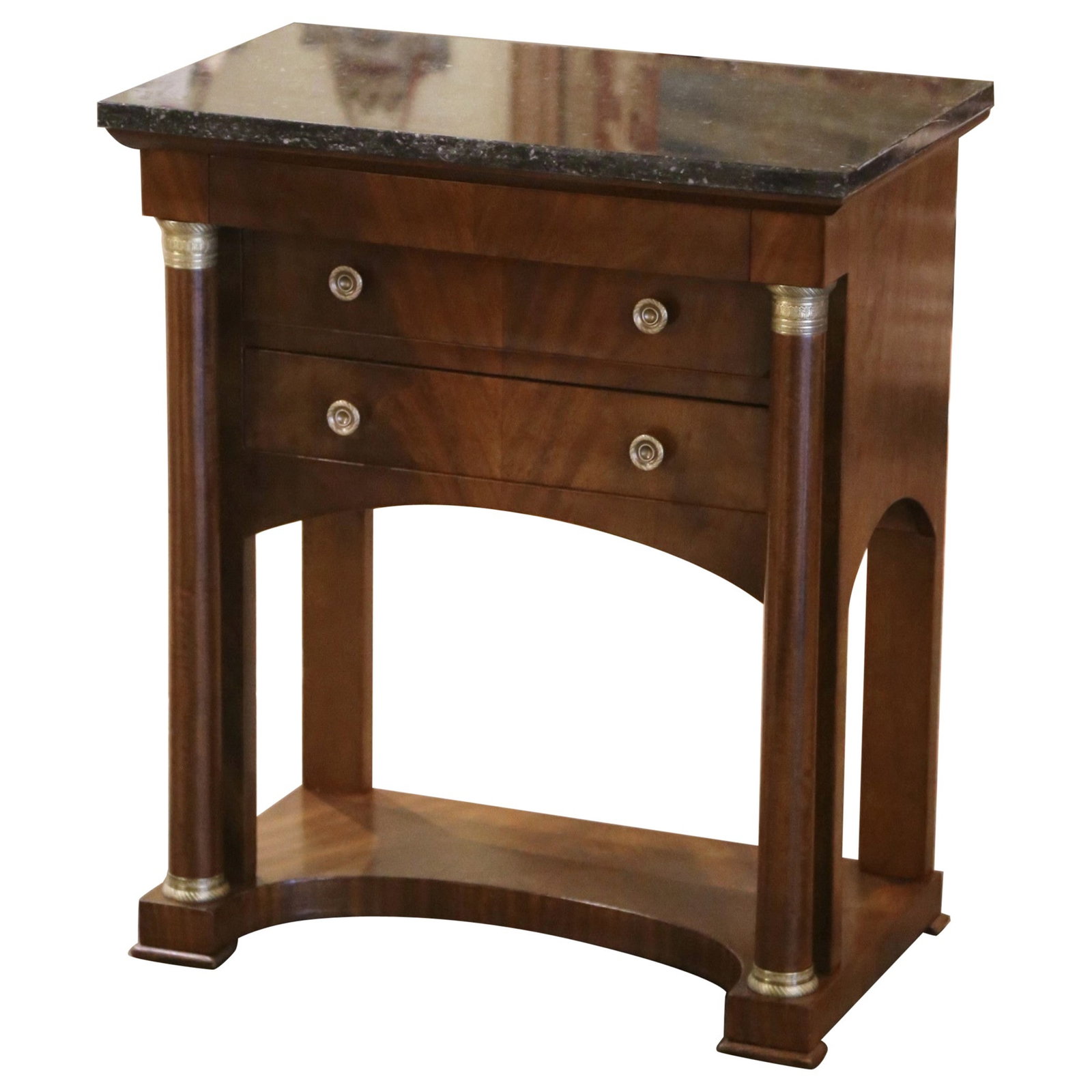 19th Century French Empire Mahogany Bedside Table with Marble Top: 19th Century French Empire Mahogany Bedside Table with Marble Top This exquisite 19th Century French Empire bedside table showcases a stunning mahogany construction complemented by a variegated black