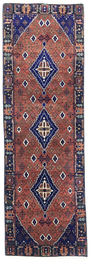 Hand-Knotted Wool Runner Rug 2'6 x 7'9 Modern Tribal Geometric Design: Hand-Knotted Wool Runner Rug 2'6 x 7'9 Modern Tribal Geometric Design This hand-knotted wool runner rug features a modern tribal geometric pattern in rust, navy blue, cream, charcoal, brown, and light