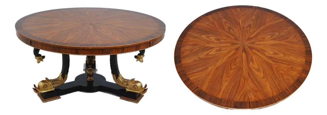 Italian Regency Round Dining Table with Dolphin Base Distressed Finish: Italian Regency Round Dining Table with Dolphin Base Distressed Finish This exquisite Italian Regency round dining room table showcases a stunning dolphin base design, perfect for adding a touch of el