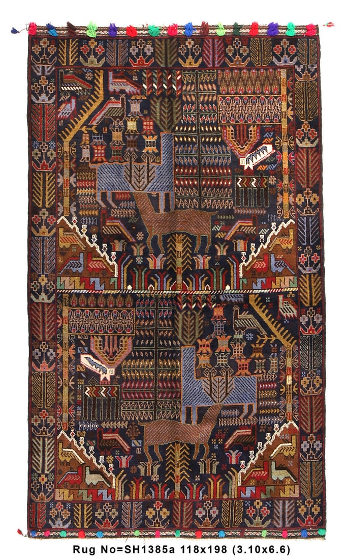 3.10 x 6.6 Handmade Tribal Pictorial Rug Wool Wildlife Design: 3.10 x 6.6 Handmade Tribal Pictorial Rug Wool Wildlife Design Free continental US Shipping Discover the beauty of this exotic pictorial tribal rug, meticulously handwoven to depict a vibrant tapestry