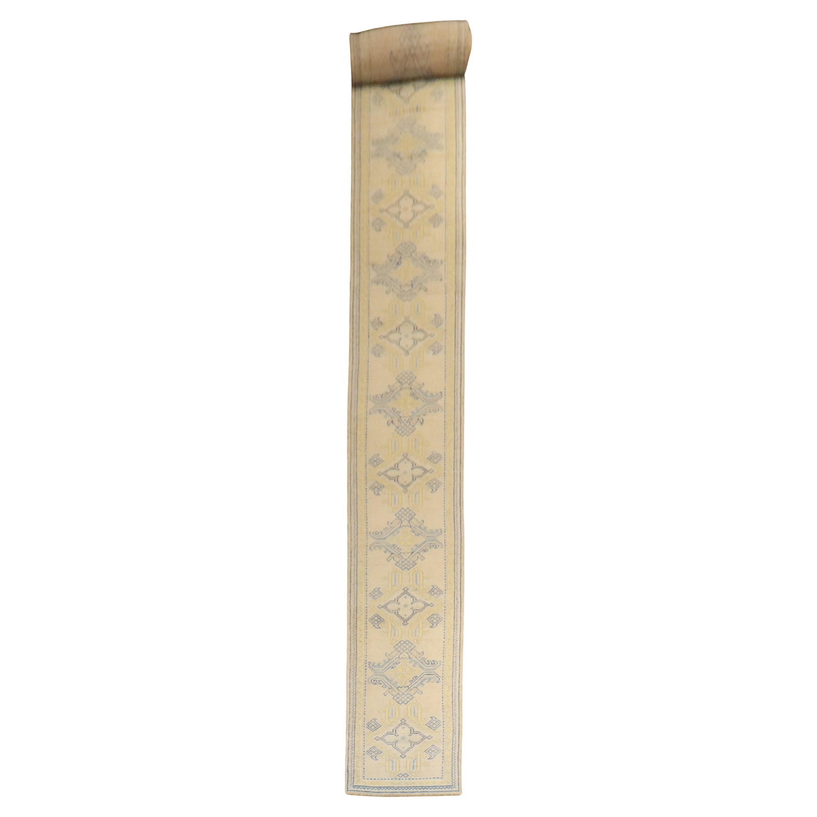 Antique Turkish Oushak 27 Foot Runner Hand-Knotted Wool: Antique Turkish Oushak 27 Foot Runner Hand-Knotted Wool This exquisite antique Turkish Oushak runner, measuring 27 feet in length, showcases the timeless beauty of early 20th-century craftsmanship. Ha