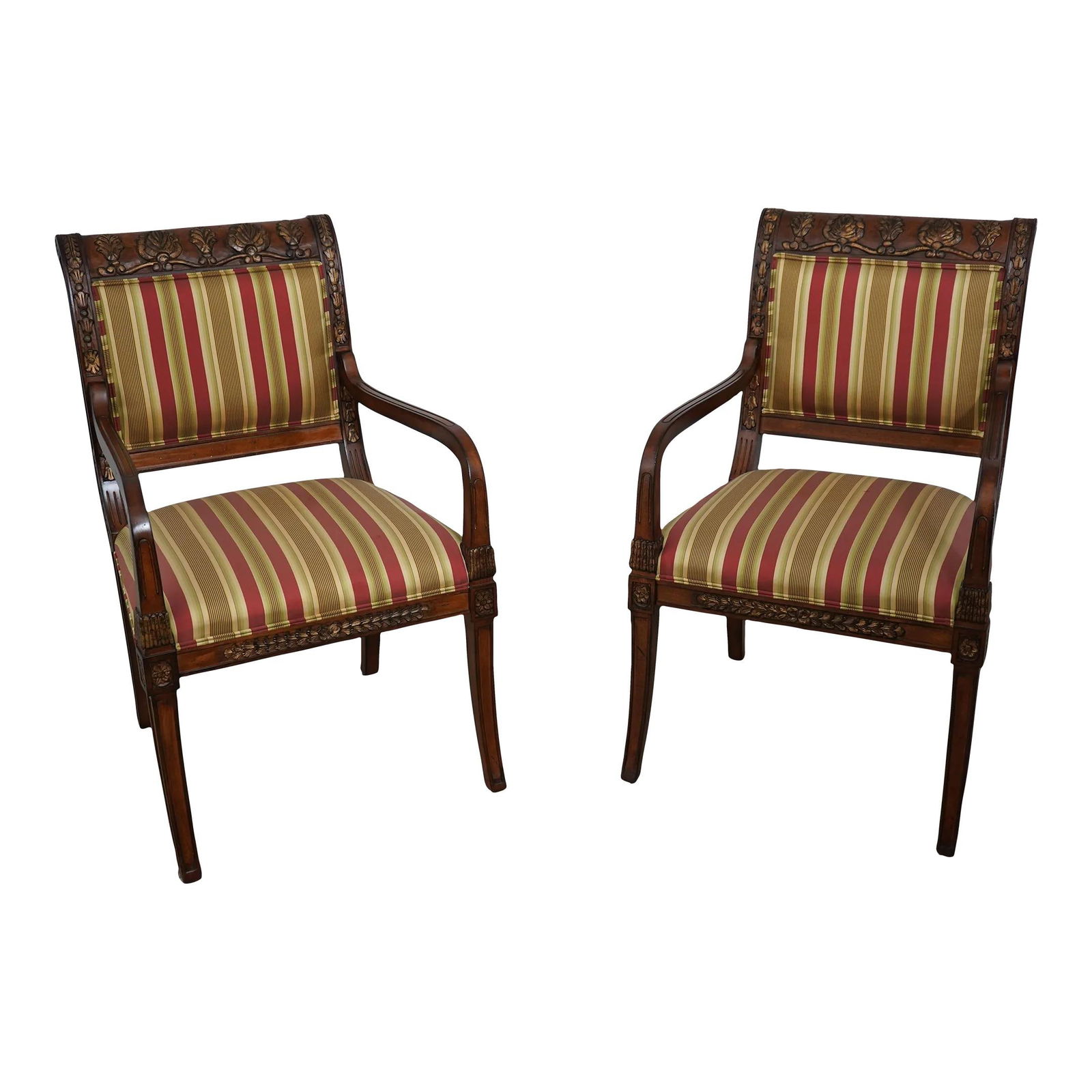 Pair of Regency Style Striped Upholstered Armchairs: Pair of Regency Style Striped Upholstered Armchairs This elegant pair of Regency style striped upholstered armchairs offers a sophisticated touch to any living space. Crafted with quality construction