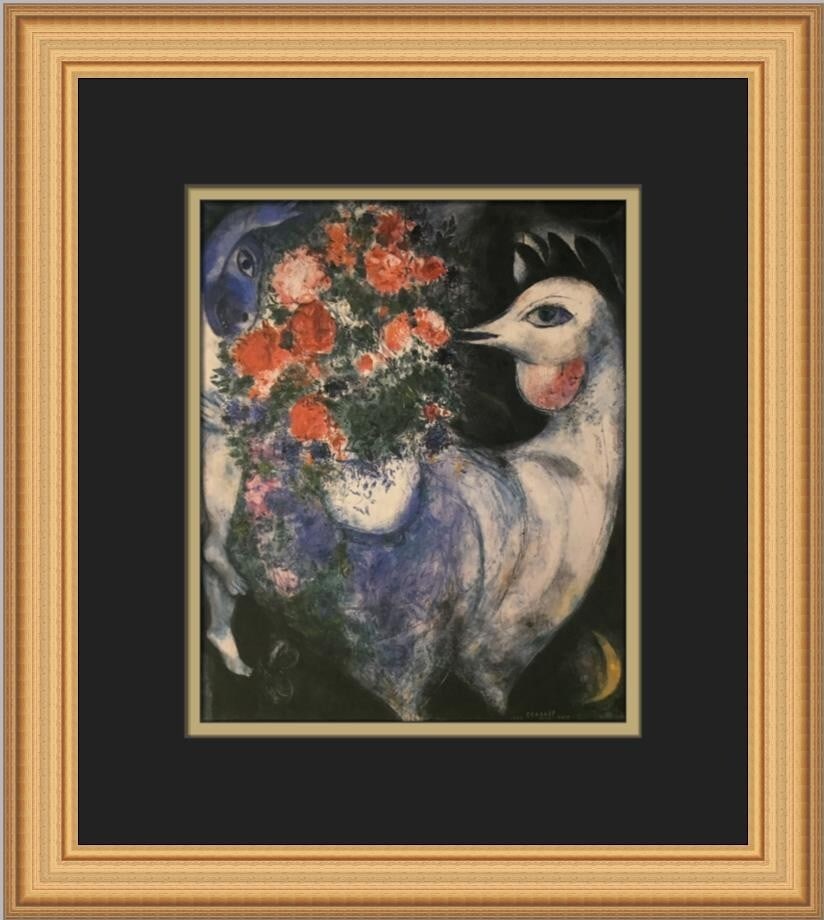 Marc Chagall The Blue Rooster Custom Framed Print 1978: Marc Chagall The Blue Rooster Custom Framed Print 1978 This custom framed print features Marc Chagall's renowned work, "The Blue Rooster," a striking example of Expressionism and Impressionism from 19