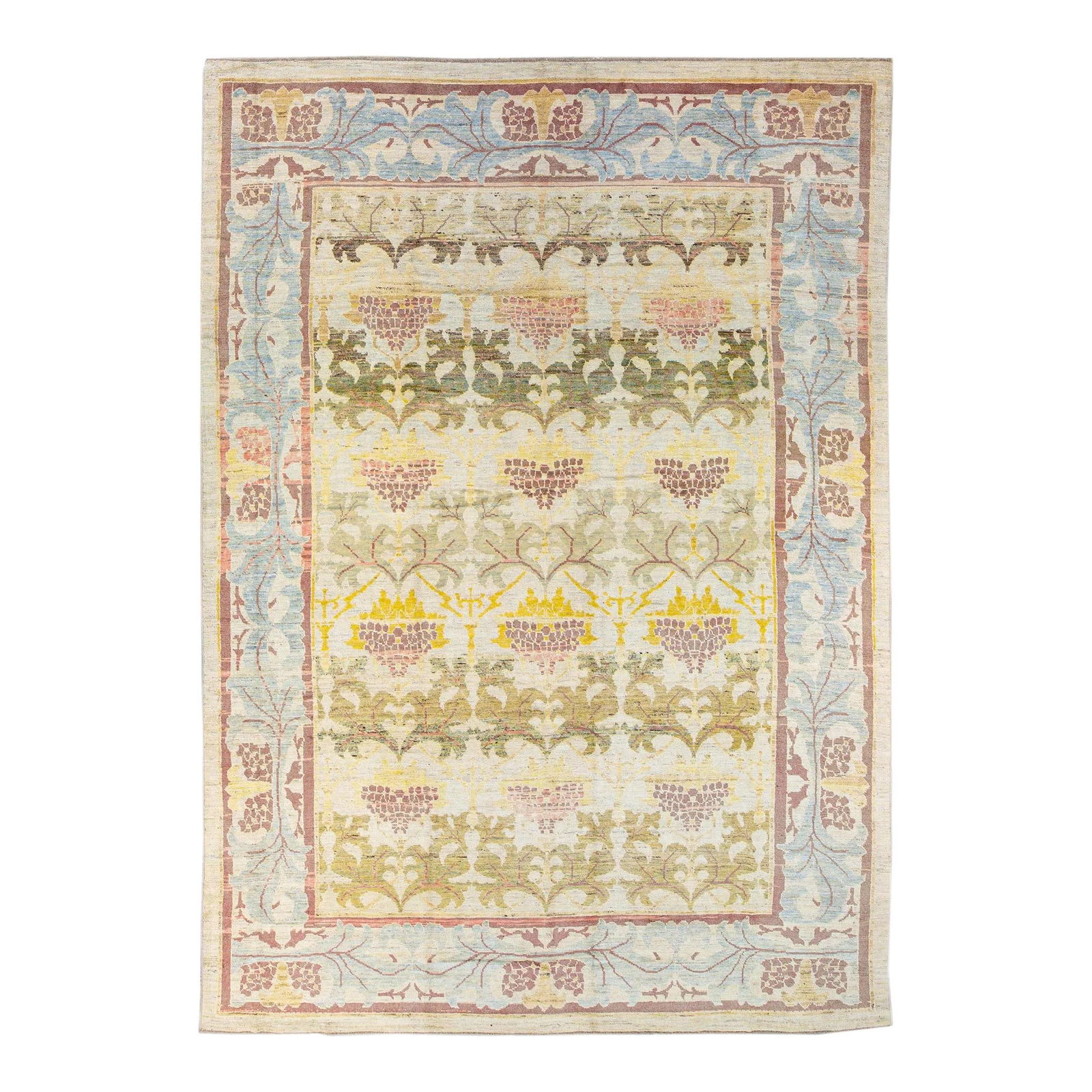 Modern Oushak Hand-Knotted Wool Rug 10'10 x 15'10 Multicolor Vine Scroll: Modern Oushak Hand-Knotted Wool Rug 10'10 x 15'10 Multicolor Vine Scroll Elevate your space with this stunning modern Oushak handmade wool rug featuring a captivating blue and beige field. Adorned wit