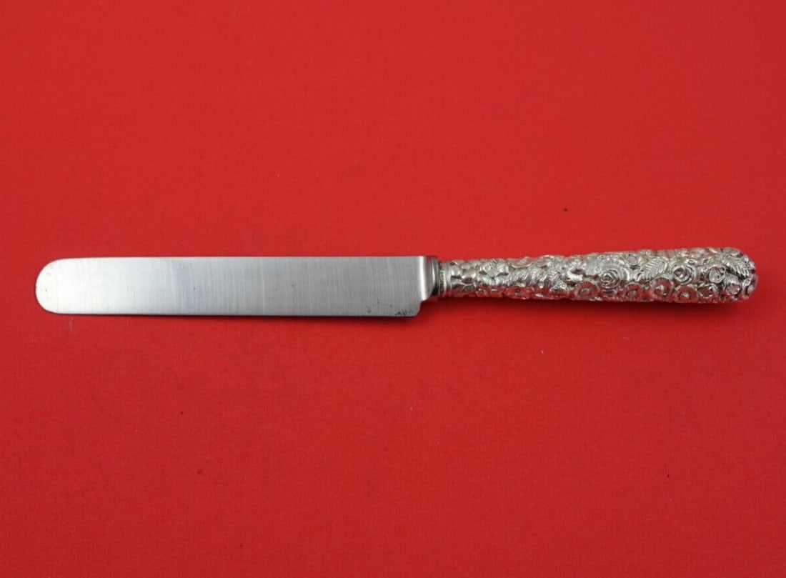 Jacobi Jenkins Repousse Sterling Silver Blunt Knife 8 3/4 inches: Jacobi Jenkins Repousse Sterling Silver Blunt Knife 8 3/4 inches This exquisite knife features a hollow sterling silver handle and a blunt blade, crafted in the elegant Repousse pattern by Jacobi and