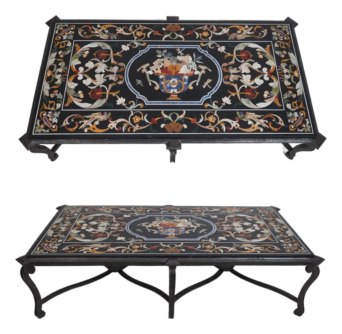 Rectangular Marble Coffee Table With Pietra Dura Style Inlay and Iron Base: Rectangular Marble Coffee Table With Pietra Dura Style Inlay and Iron Base This large Italian Pietra Dura style coffee table features exquisite marble inlay with semi-precious stones depicting fruits