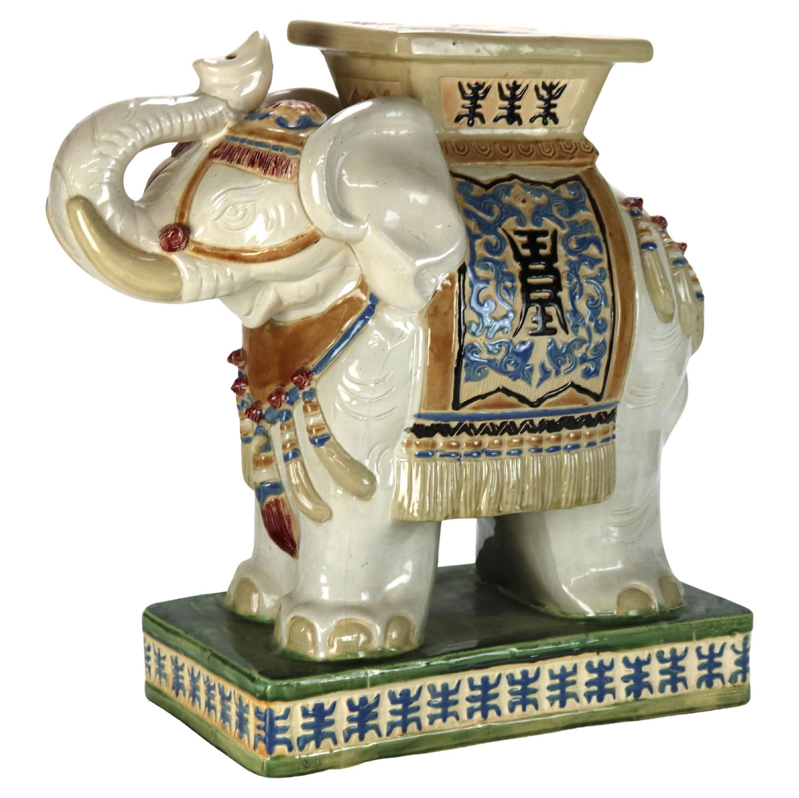 Mid 20th Century Chinese Majolica Elephant Pottery Garden Stool: Mid 20th Century Chinese Majolica Elephant Pottery Garden Stool This vintage Chinese Majolica garden seat is crafted in the form of an elephant and dates to the mid-20th century. The piece features