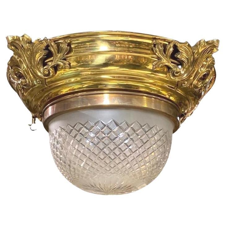 Victorian Style Gilt Brass Chandelier with Cut Glass Shade 16 Inch Diameter: Victorian Style Gilt Brass Chandelier with Cut Glass Shade 16 Inch Diameter This early 20th-century flush ceiling fixture features an antique Victorian style with a coupe form chandelier. It is crafte