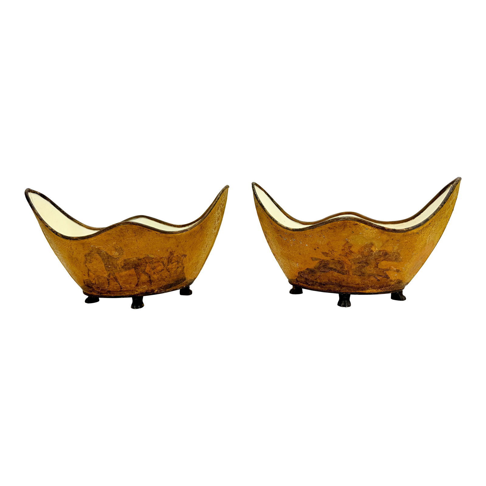 19th Century English Regency Papier-Mache Cachepots Set of 2 Equestrian Scenes: 19th Century English Regency Papier-Mache Cachepots Set of 2 Equestrian Scenes This exquisite pair of 19th-century English Regency papier-mache cachepots features classical equestrian battle scenes th