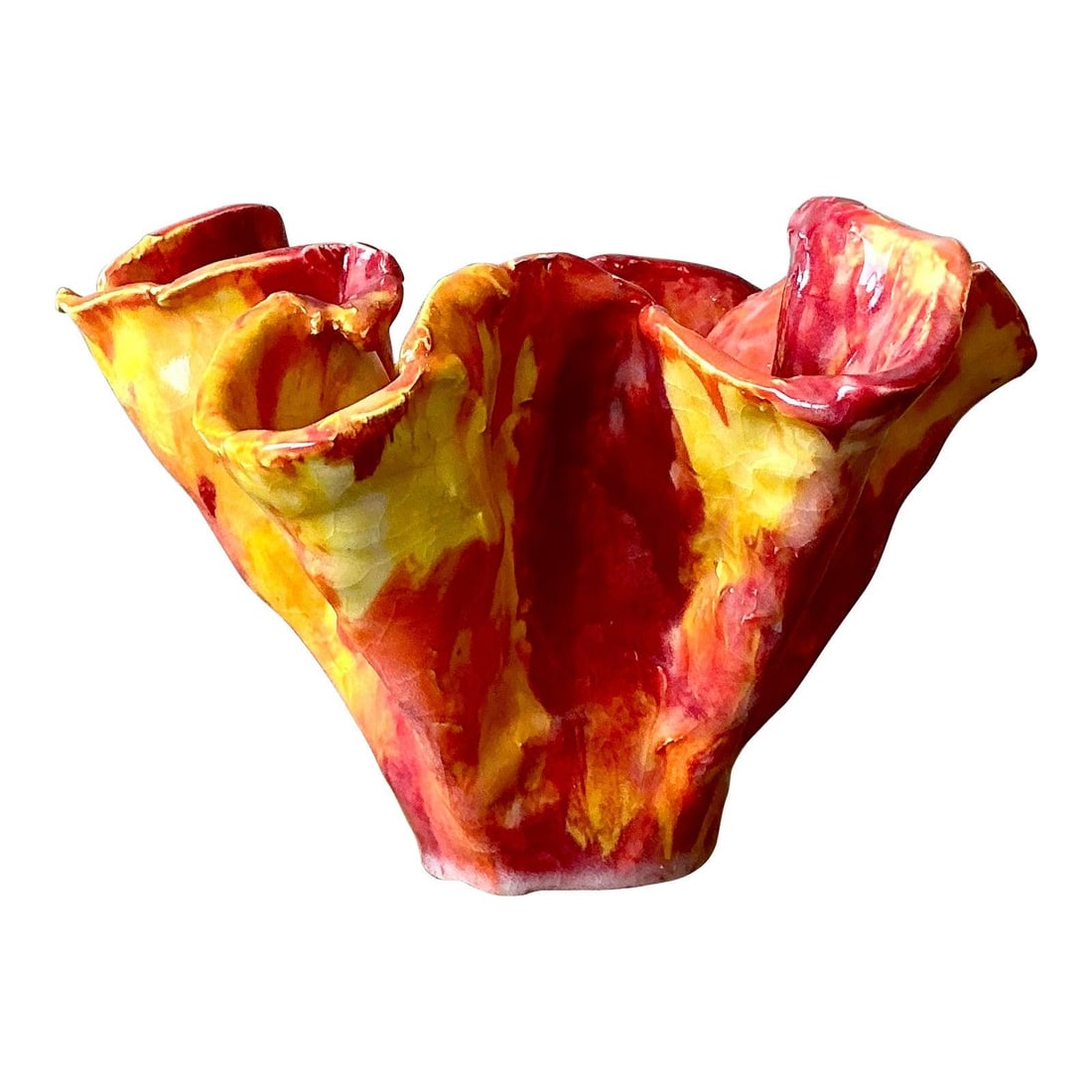 Mid-Century Art Glass Centerpiece Bowl With Ruffled Striped Design: Mid-Century Art Glass Centerpiece Bowl With Ruffled Striped Design This vintage boho ruffle bowl features a dynamic, organic form reminiscent of a melting flower or ruffled silk, showcasing vibrant, m