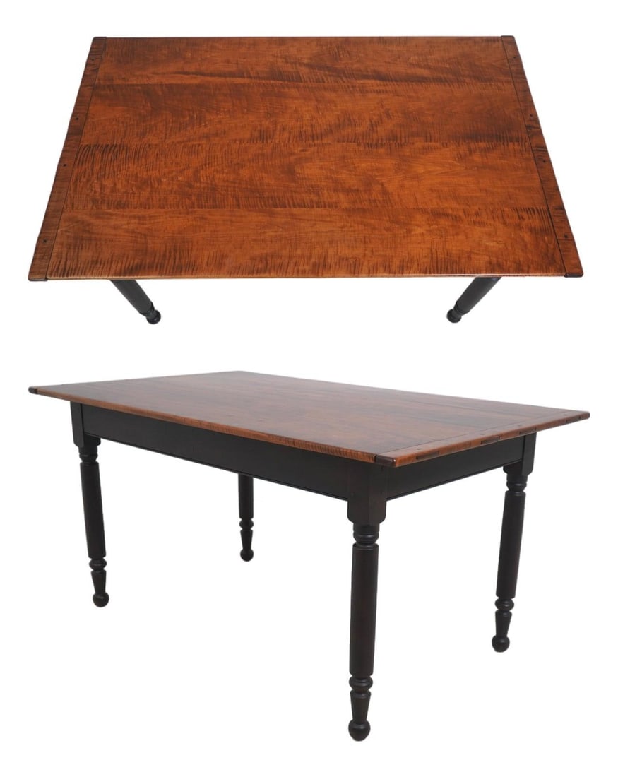 Traditional Farmhouse Dining Table in Tiger Maple with Breadboard Ends: Traditional Farmhouse Dining Table in Tiger Maple with Breadboard Ends This vintage dining table features a stunning tiger maple top with breadboard ends, showcasing traditional farmhouse style. The t